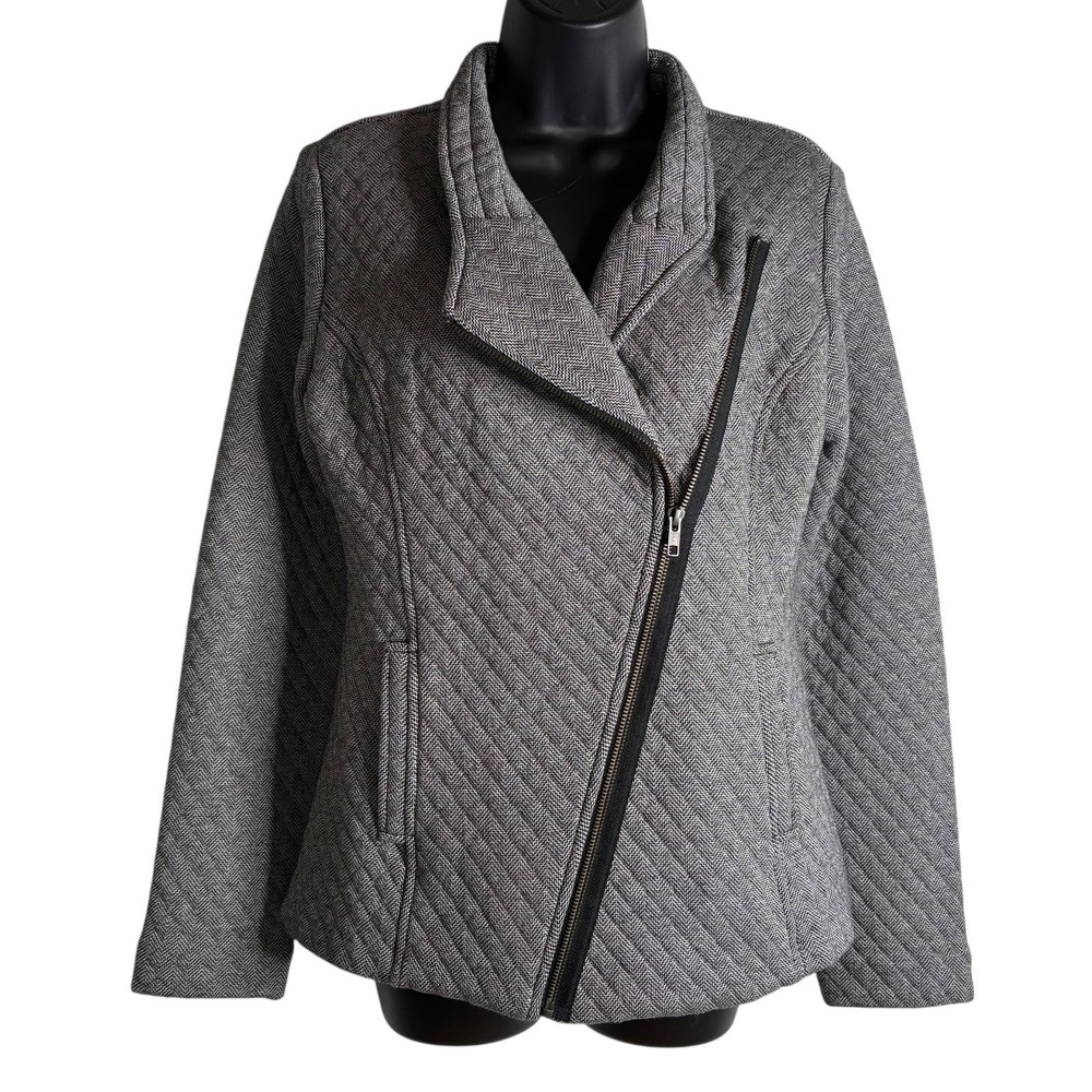 CAbi Gray Quilted Herringbone Asymmetric Zip Moto‎ Sm Jacket Modern Chic Casual